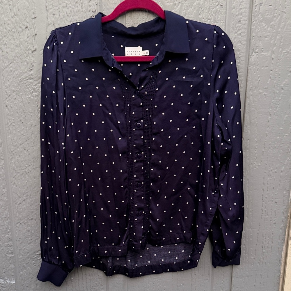 Atelier Reve Navy Polka Dot Blouse Size: S